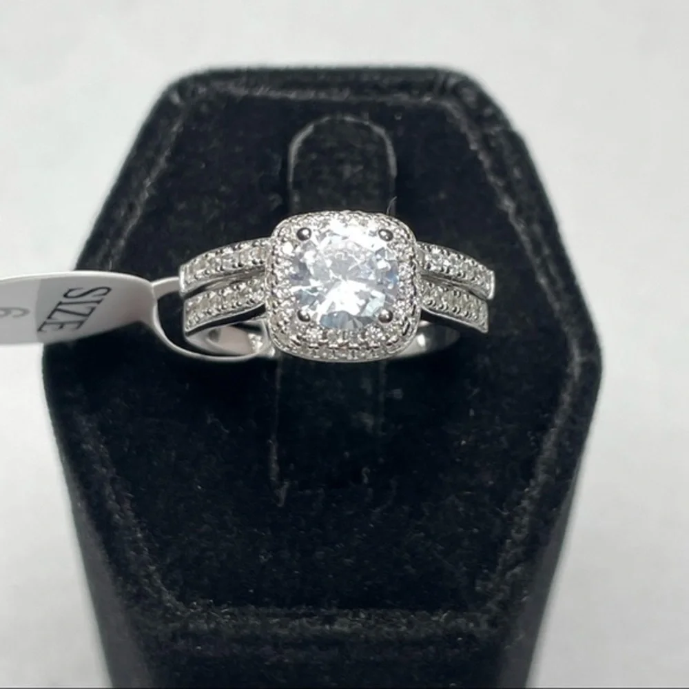 925 Sterling Silver Diamond 2 Band Ring‎ Set Sz 6